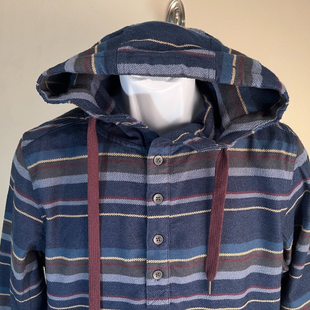 Marmot Men’s Hooded Flannel Shirt Jacket Small 🔵 Blue Burgundy Gold Striped EUC